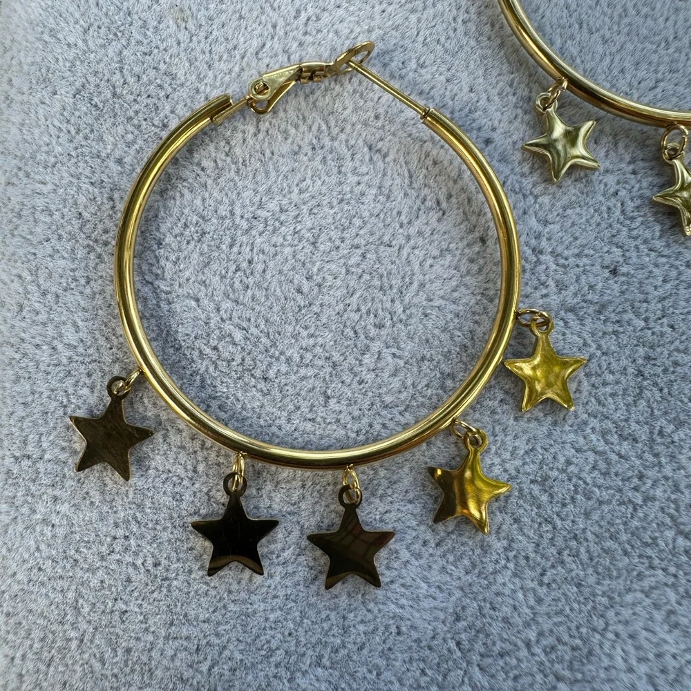 New Stainless Steel Gold Star Hoop Earrings - Picture 10 of 11